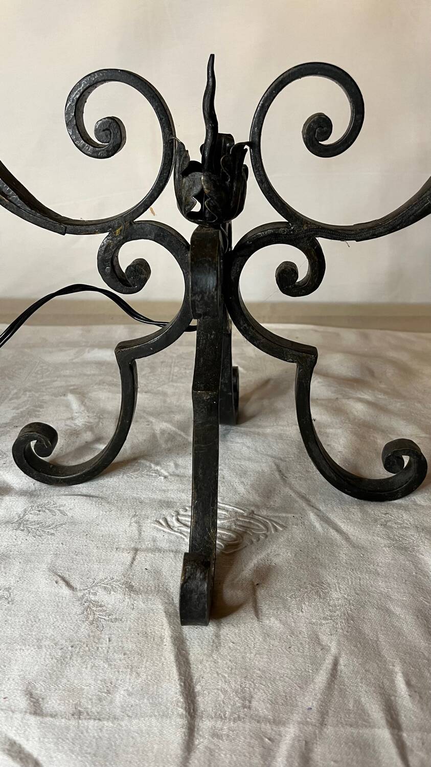 Pair of 3-light wrought iron candlesticks on vintage legs
