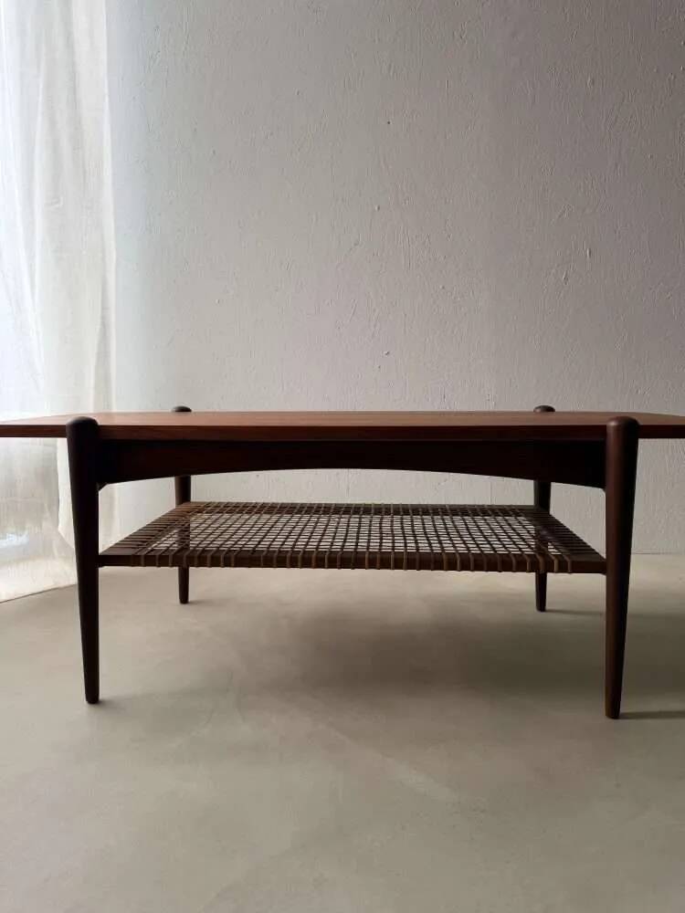 Vintage Creafort coffee table 1960s teak with rattan magazine shelf