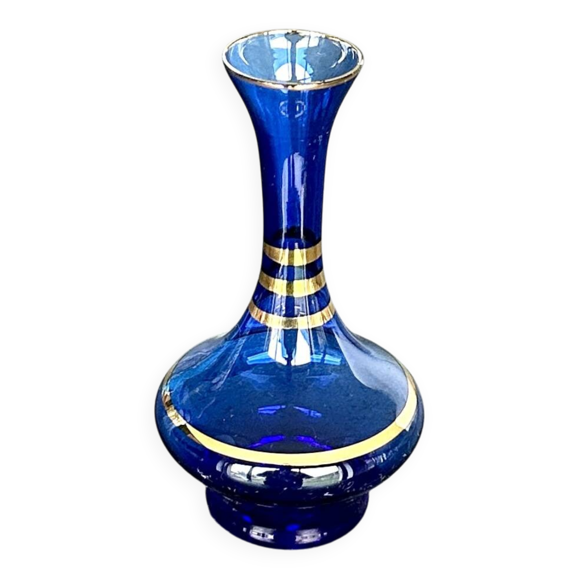 Translucent green blue glass soliflore with gold trim - 15 cm