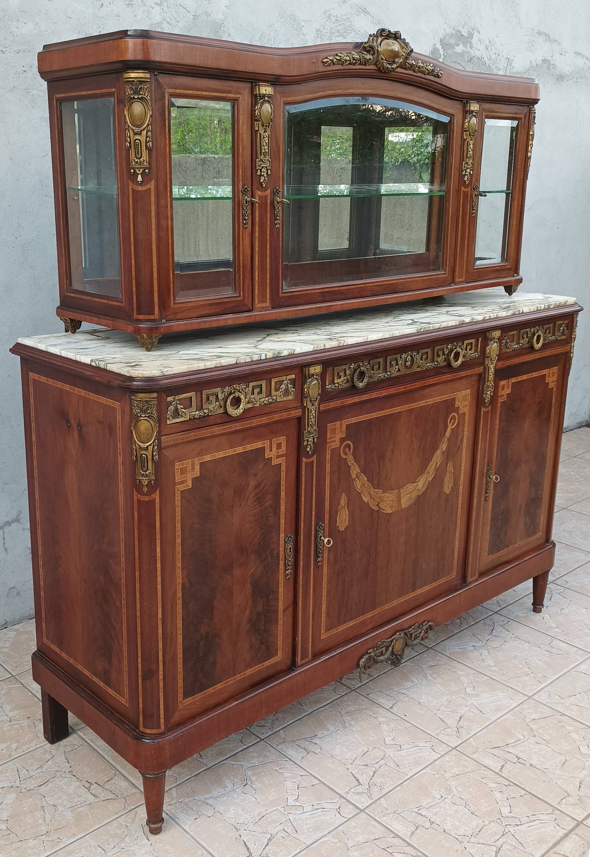 Louis XVI 2-part sideboard in mahogany veneer and precious wood marquetry