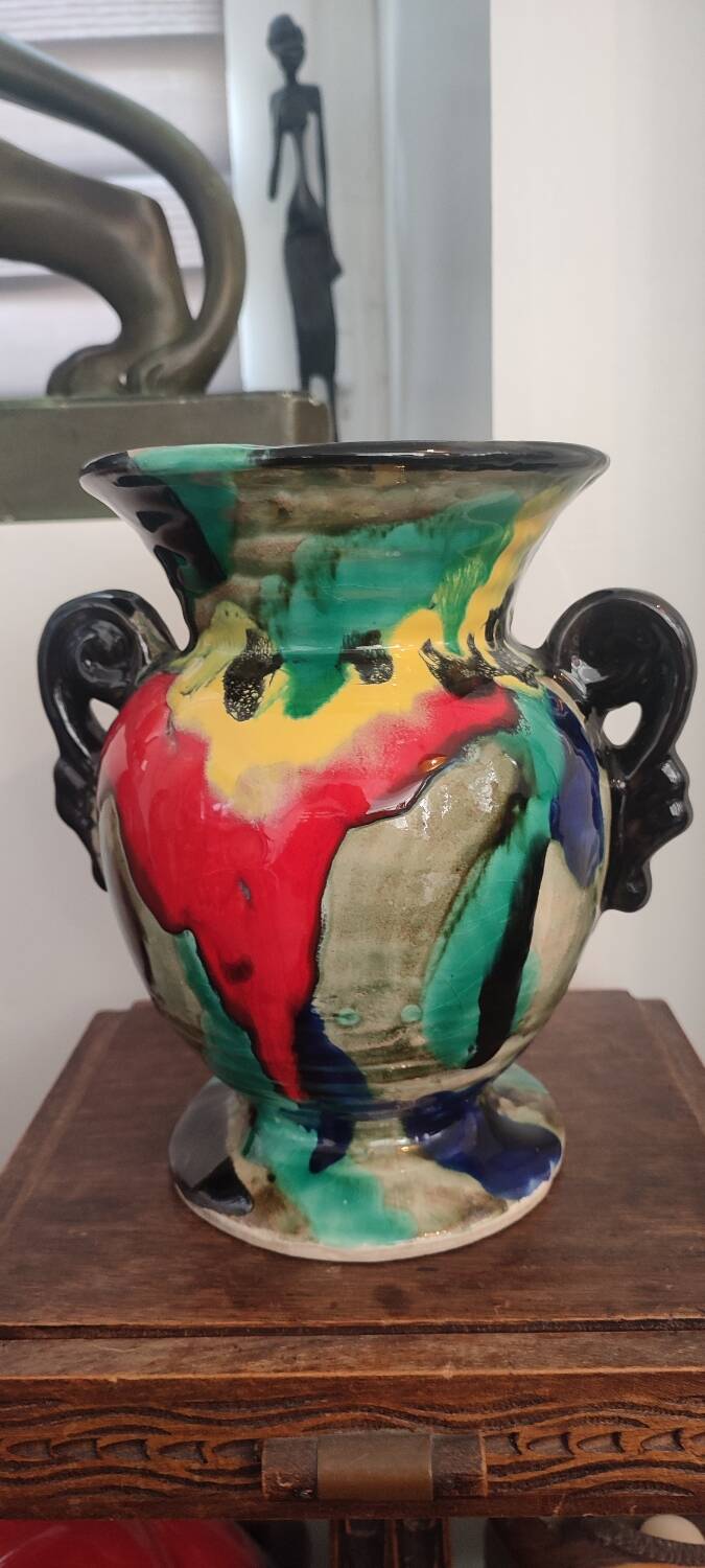 Art Deco vase in ceramic with flame glazes