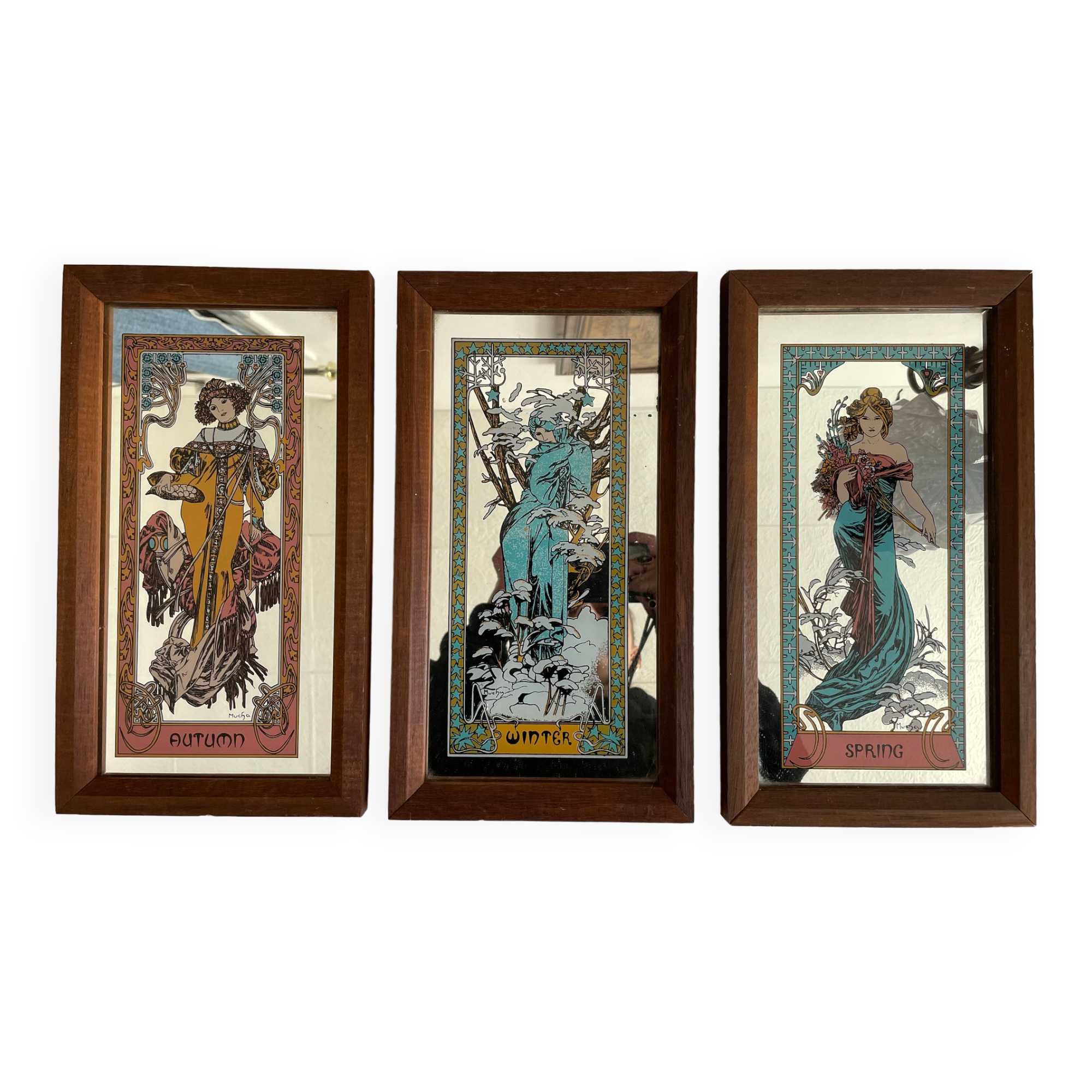 Set of 3 mirrors screen-printed Mucha, the 4 seasons -lack summer-