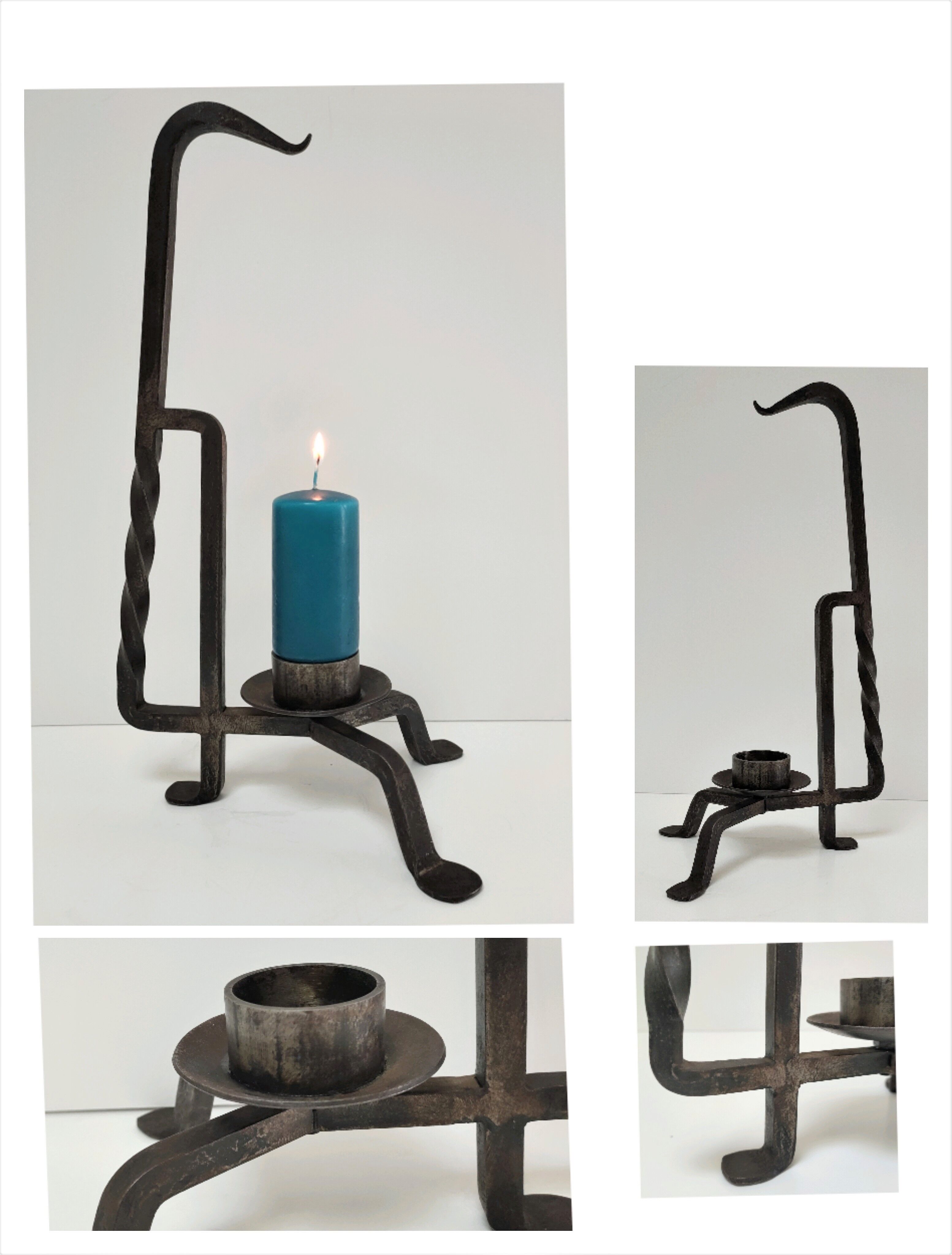 Brutalist candle holder design iron black patina 60s
