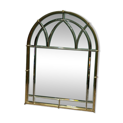 Miroir cathédrale vintage en laiton des années 1970 – miroir mural en verre biseauté