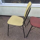 Set of 3 vintage yellow and red faux leather chairs.