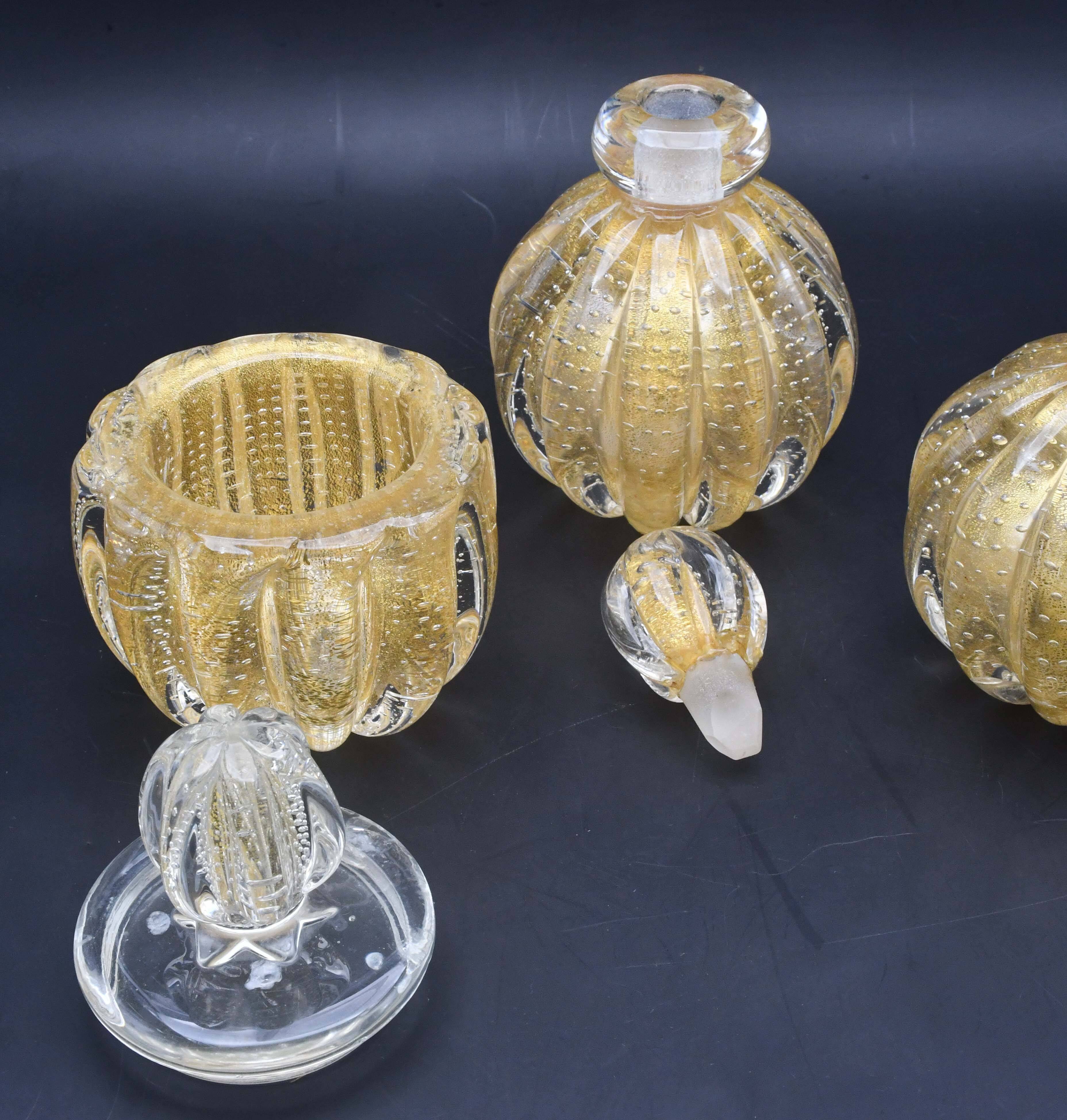 Set of 3 gold Ercole Barovier "Bullicante" Murano glass vases for Barovier & Toso