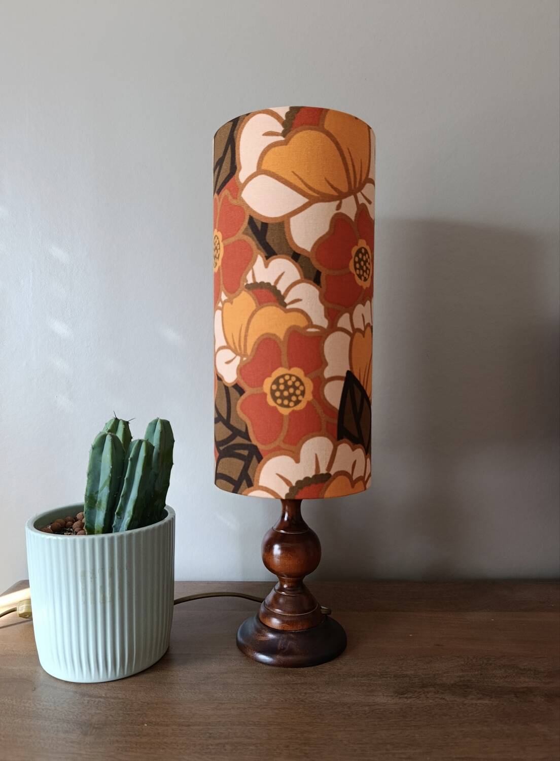 vintage turned wood lamp, floral lampshade in seventies style