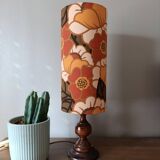 vintage turned wood lamp, floral lampshade in seventies style