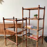 Large rattan shelf, leather strips and smoked glass 70s-80s