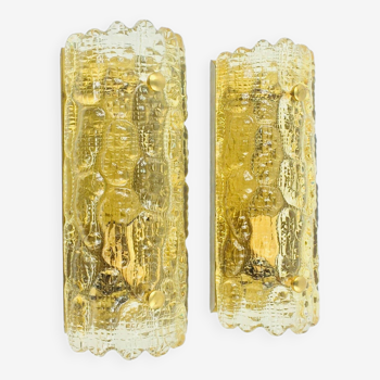 Pair of Scandinavian Amber Glass & Brass Wall Lights by Carl Fagerlund for Orrefors & Lyfa, 1960s