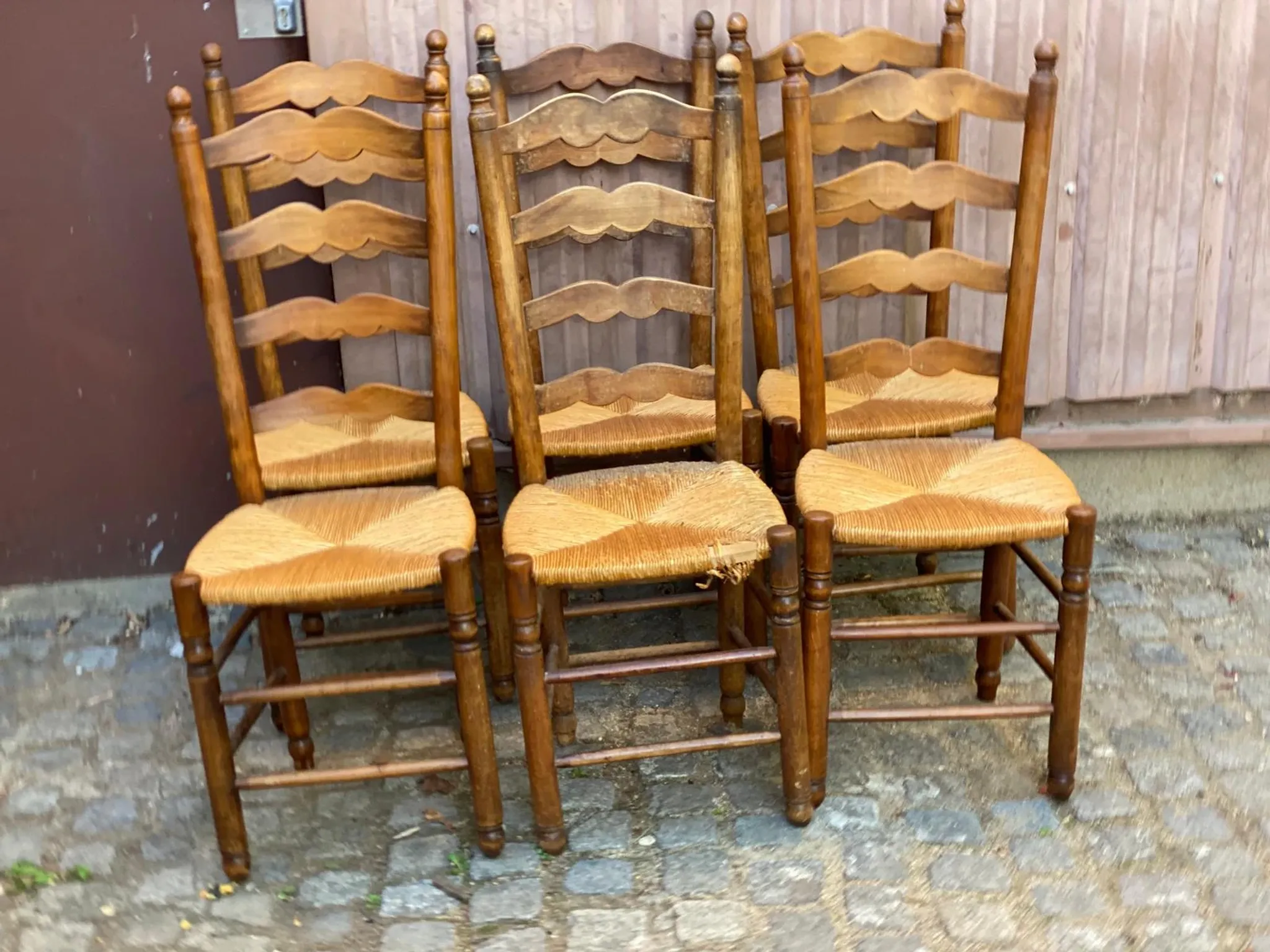 6 Rustic Solid Wood and Straw Chairs in 1960s Country Style