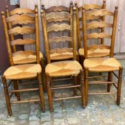6 Rustic Solid Wood and Straw Chairs in 1960s Country Style