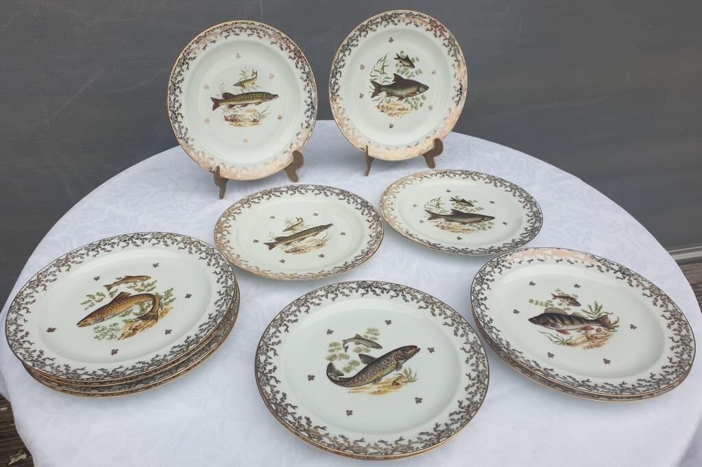 Set 12 plates porcelain gold fine fish fern limousine de Chastagner