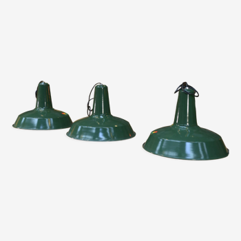 Green enamelled industrial pendant lamps 1950