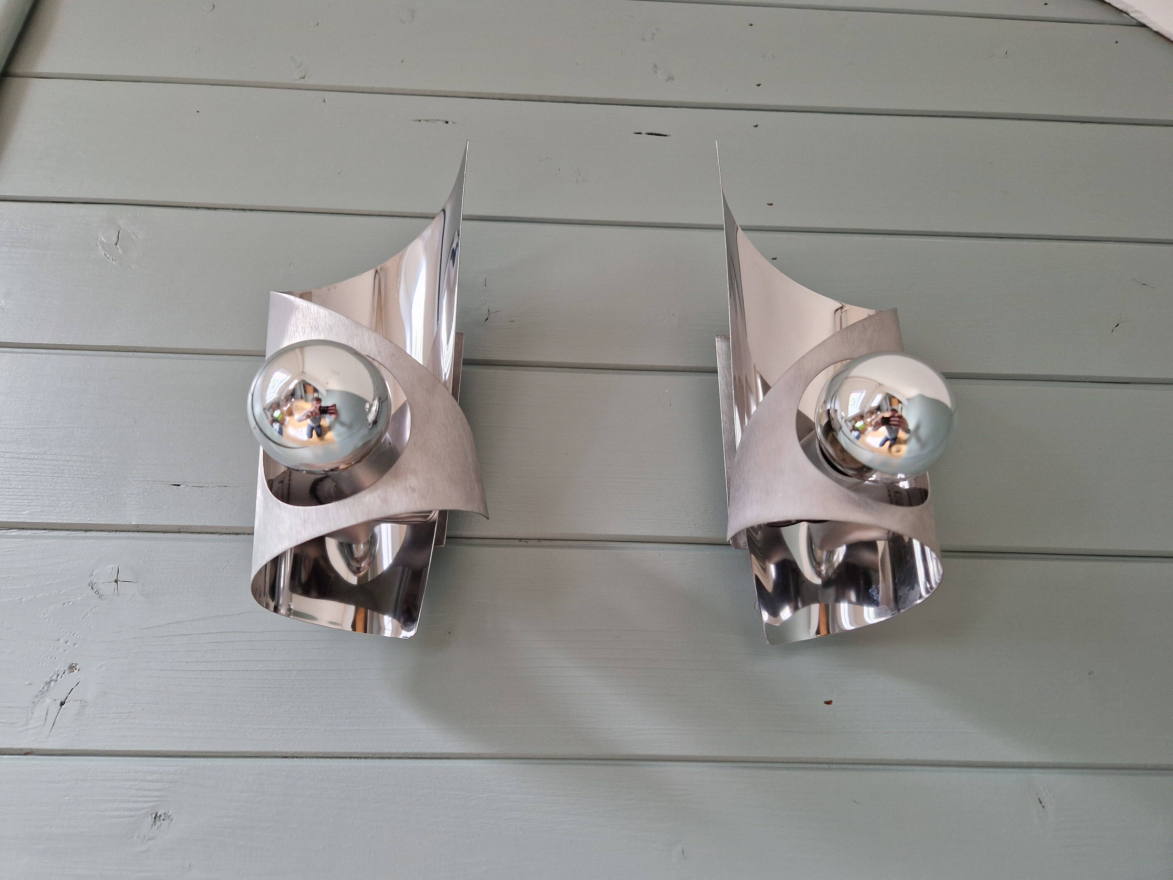 Pair of brushed aluminum wall lights, 1970s