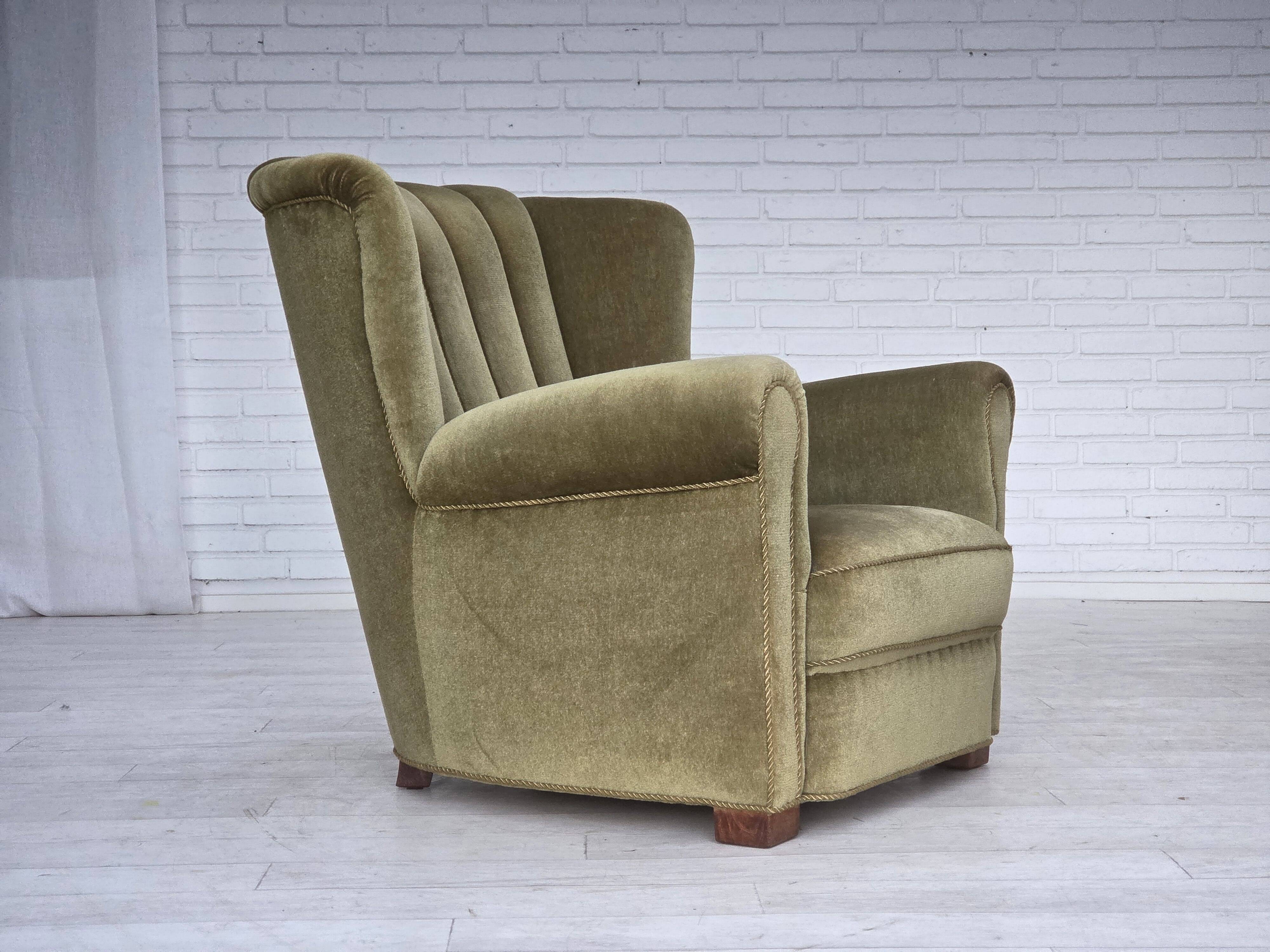 1960s, Danish relax armchair, original green furniture velour, beech wood.
