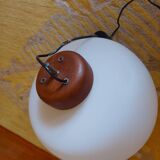 50's, 60'S design pendant lamp in opaline and teak by Goffredo Reggiani.
