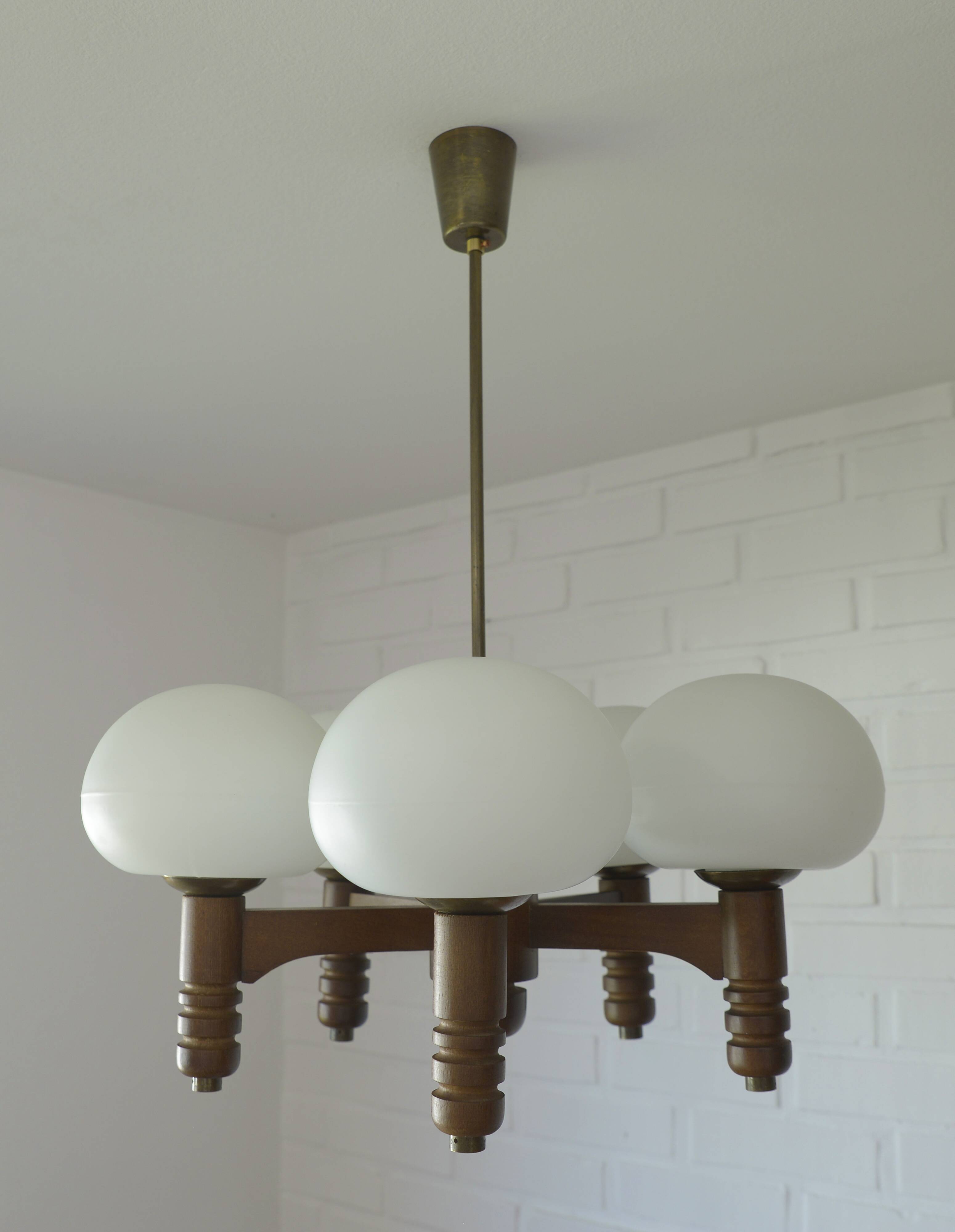 Vintage pendant lam rustic hanging mushroom chandelier wooden light 1970s