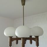 Vintage pendant lam rustic hanging mushroom chandelier wooden light 1970s