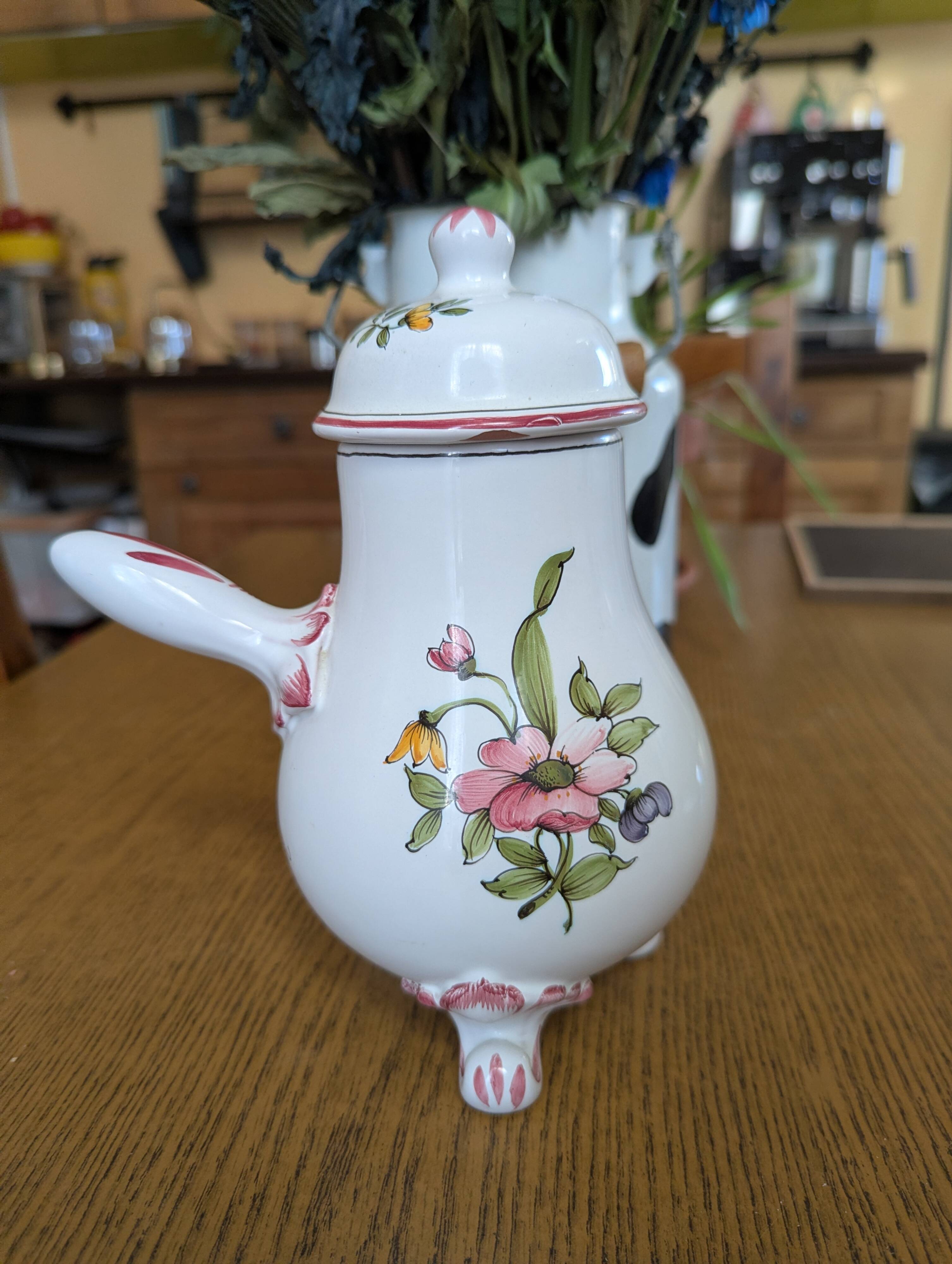 Tripod chocolate pot in Moustiers faience signed Lallier.