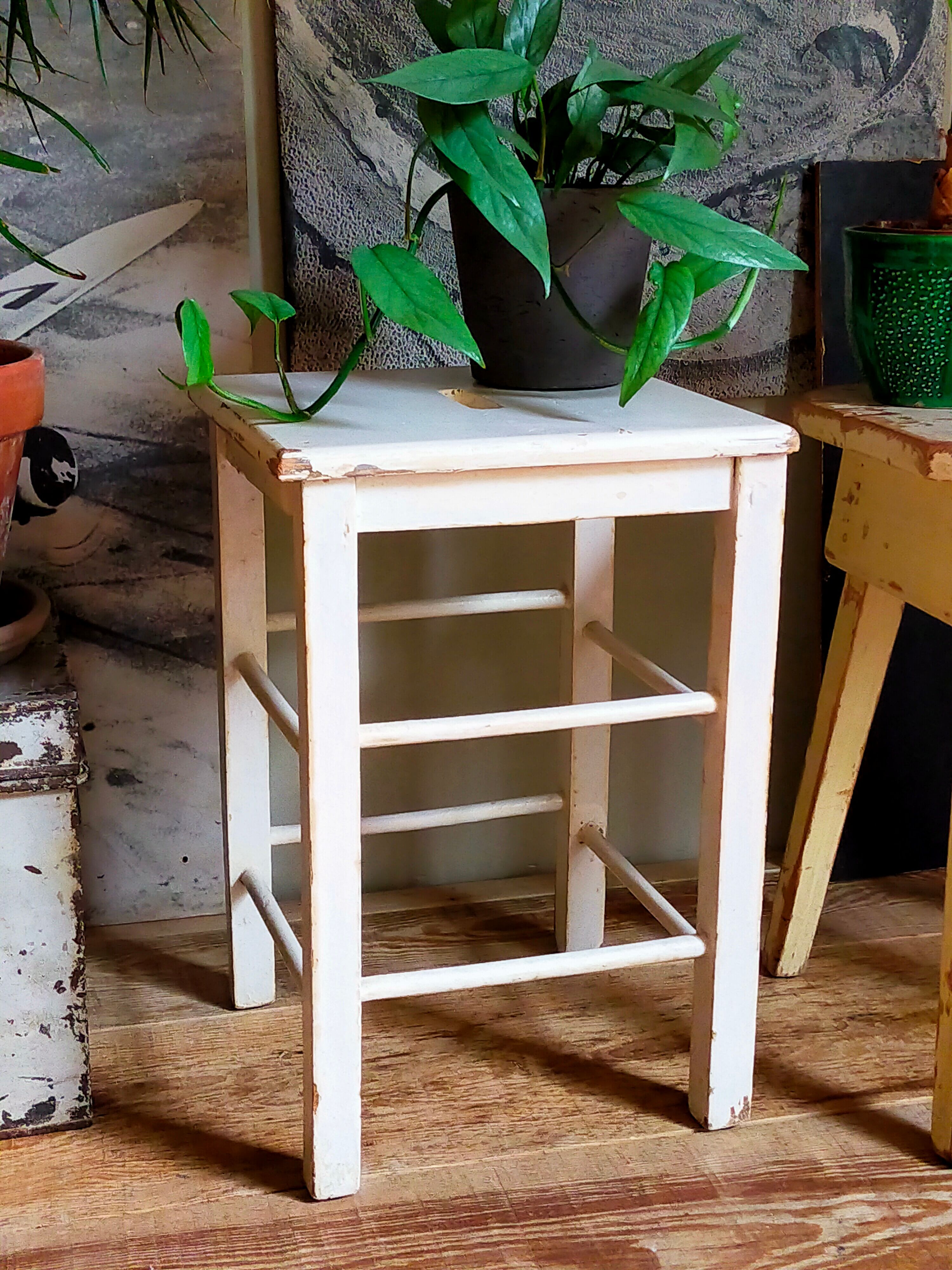 Workshop stool in vintage patinated solid wood