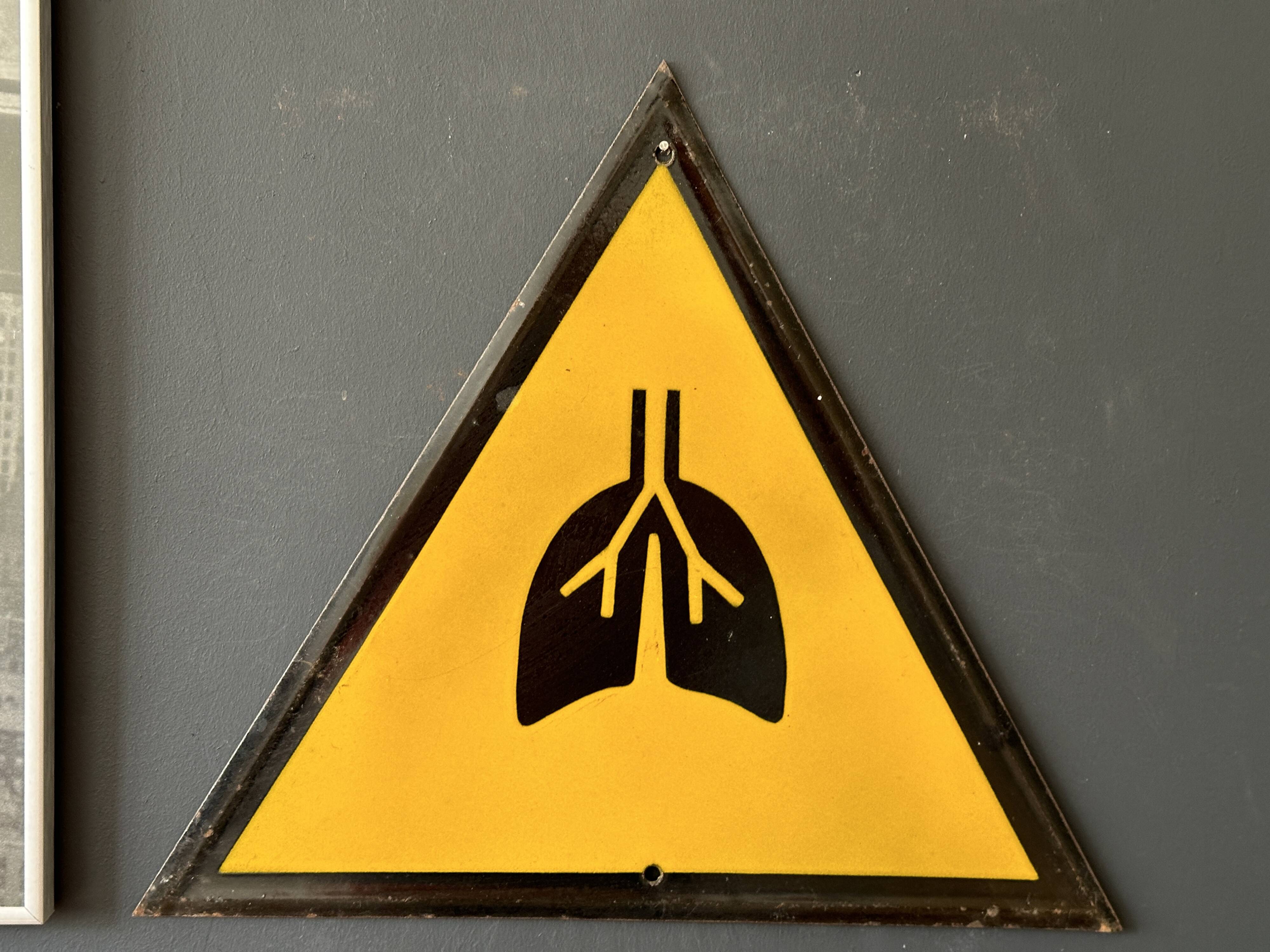 Yellow warning sign vintage european 1970's industrial enamel sign