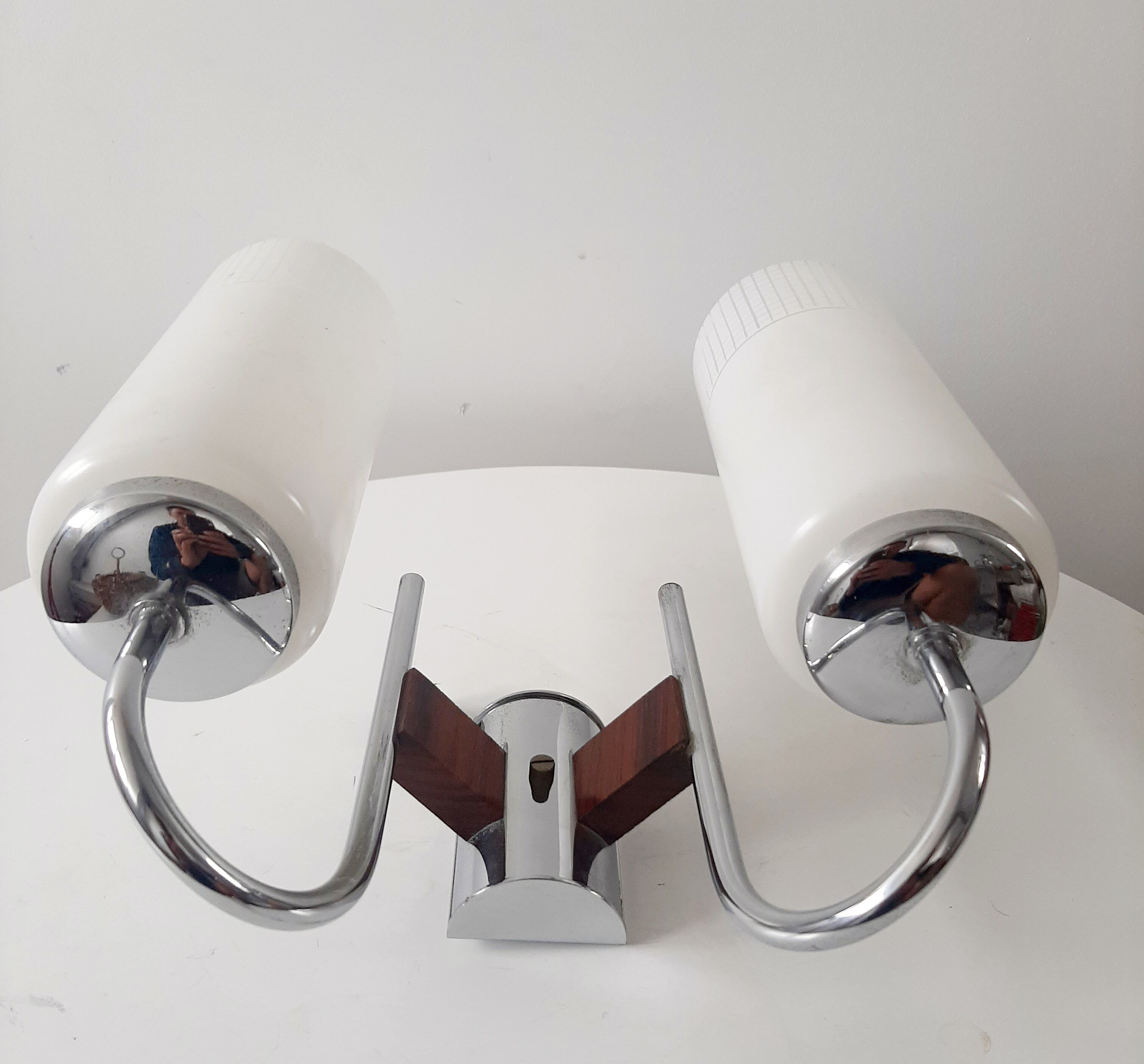 Double chrome and scandinavian teak wall lamp 50s