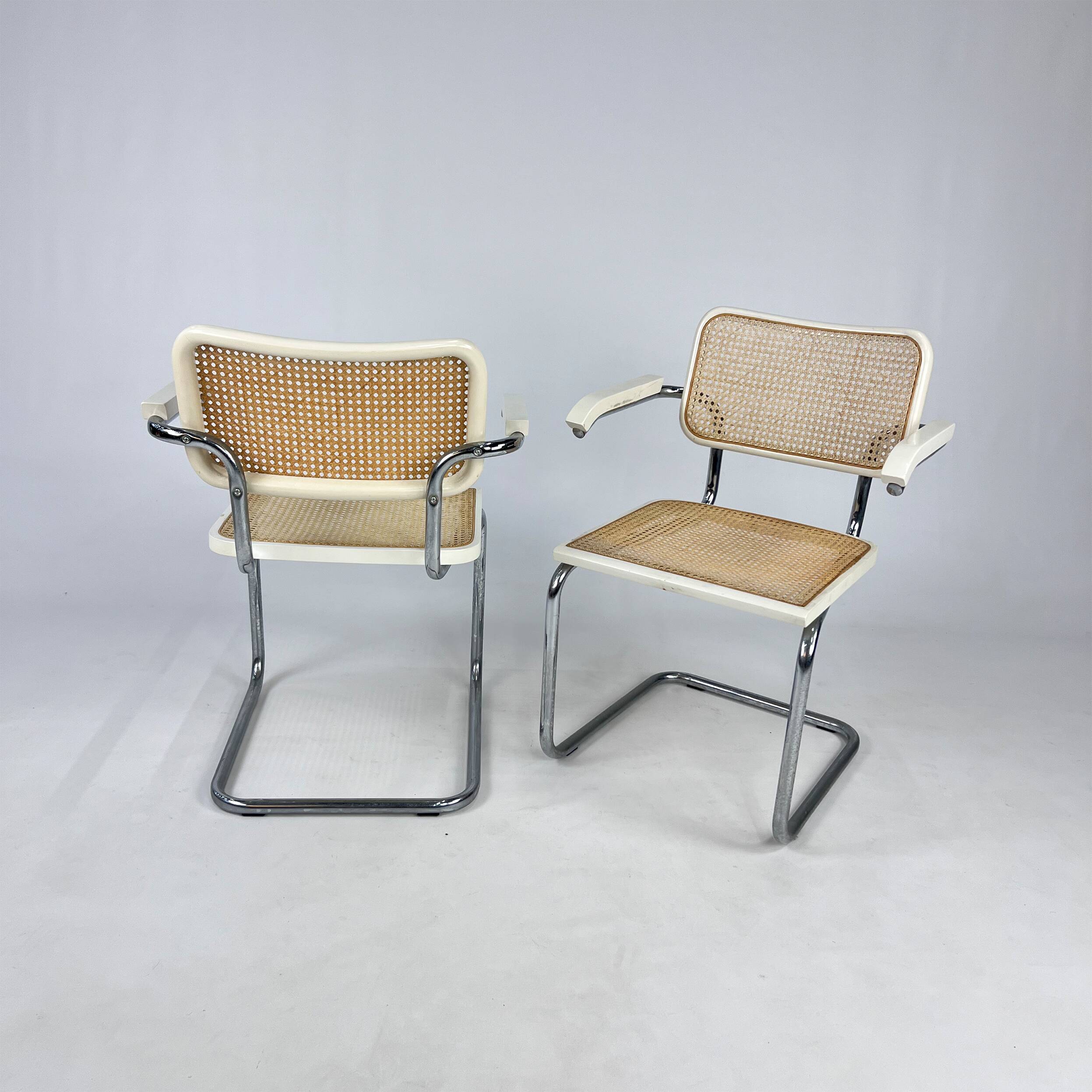 Set of 2 Tubular Frame and Cane Cantilever Arm chairs, Italy, 1970s