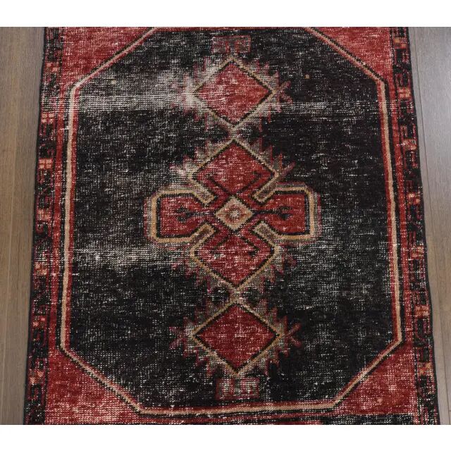 Geometric Turkish hand-knotted red distressed runner 88x321