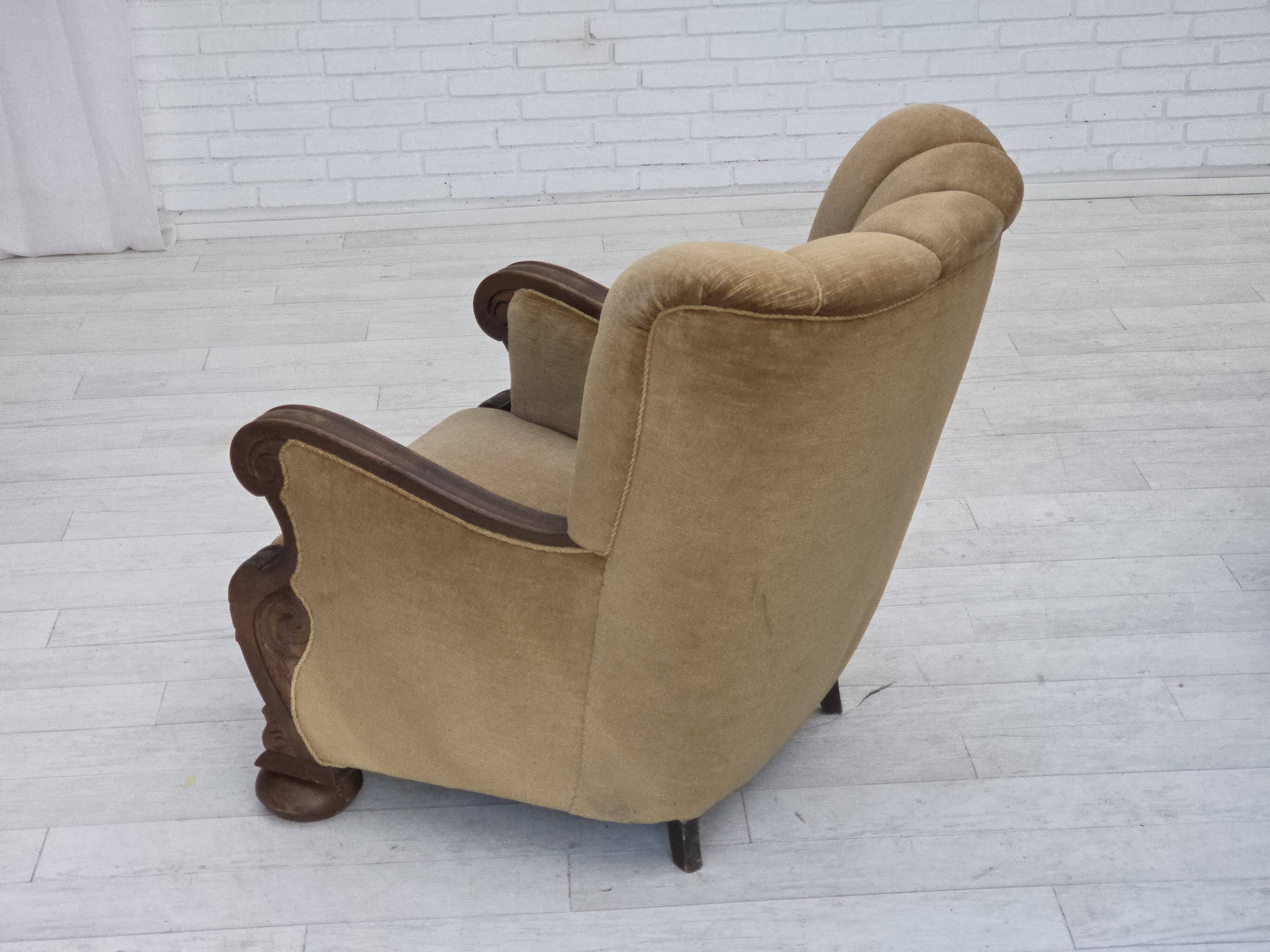 1960s, Danish relax chair, original green furniture velour, oak wood.