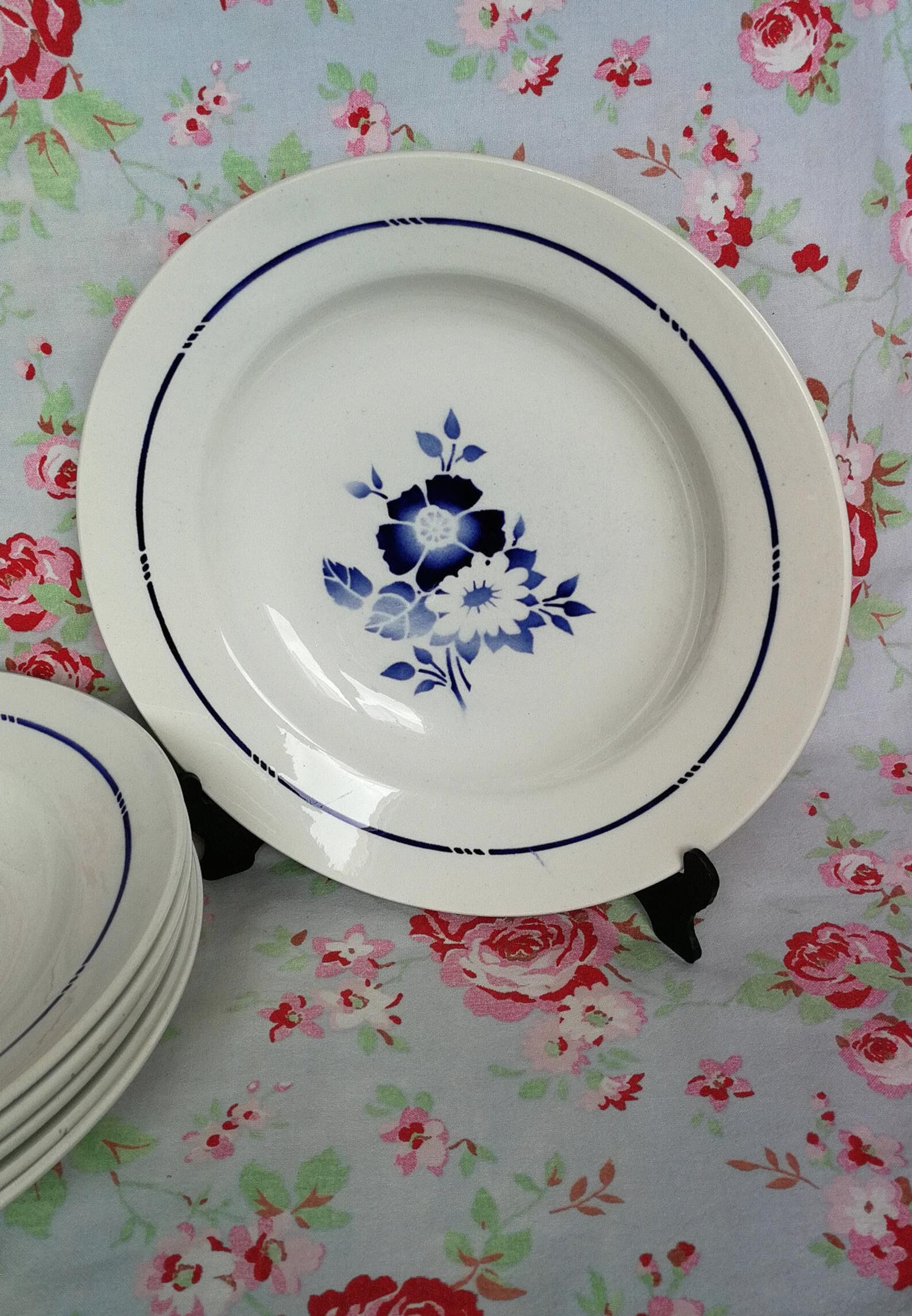 6 old blue flowers with stencil hollow plates