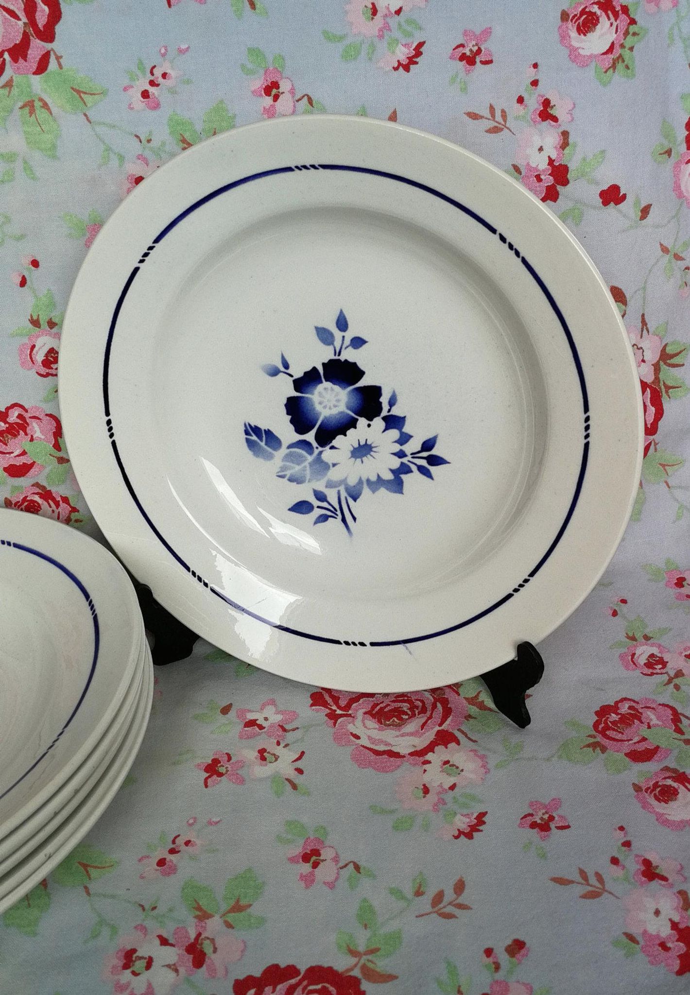 6 old blue flowers with stencil hollow plates
