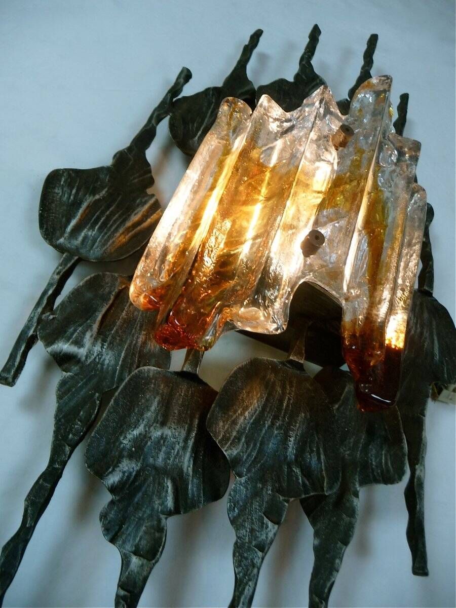 Large brutalist iron & ice Murano glass sconce / wall lamp, 1960s