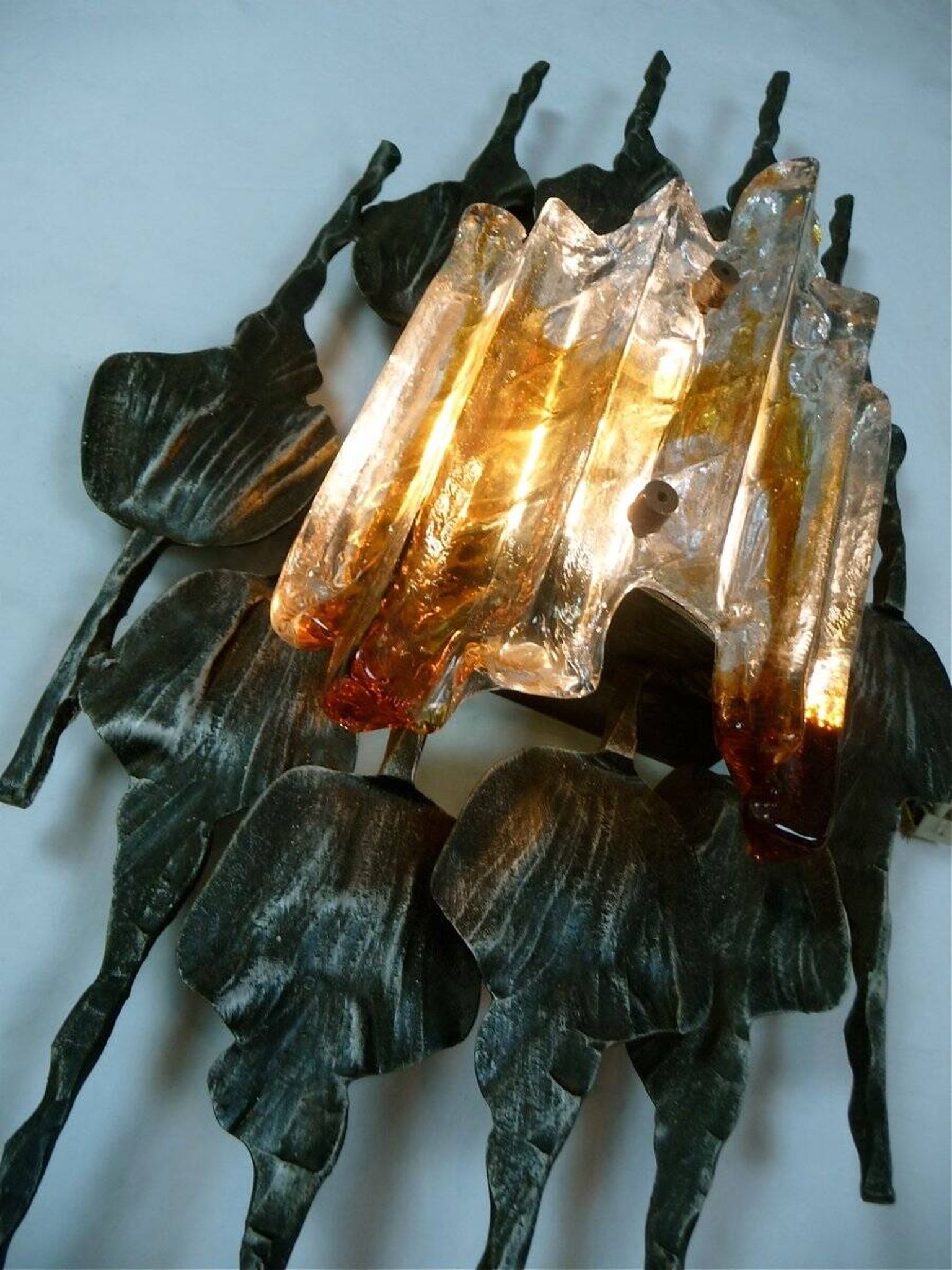 Large brutalist iron & ice Murano glass sconce / wall lamp, 1960s