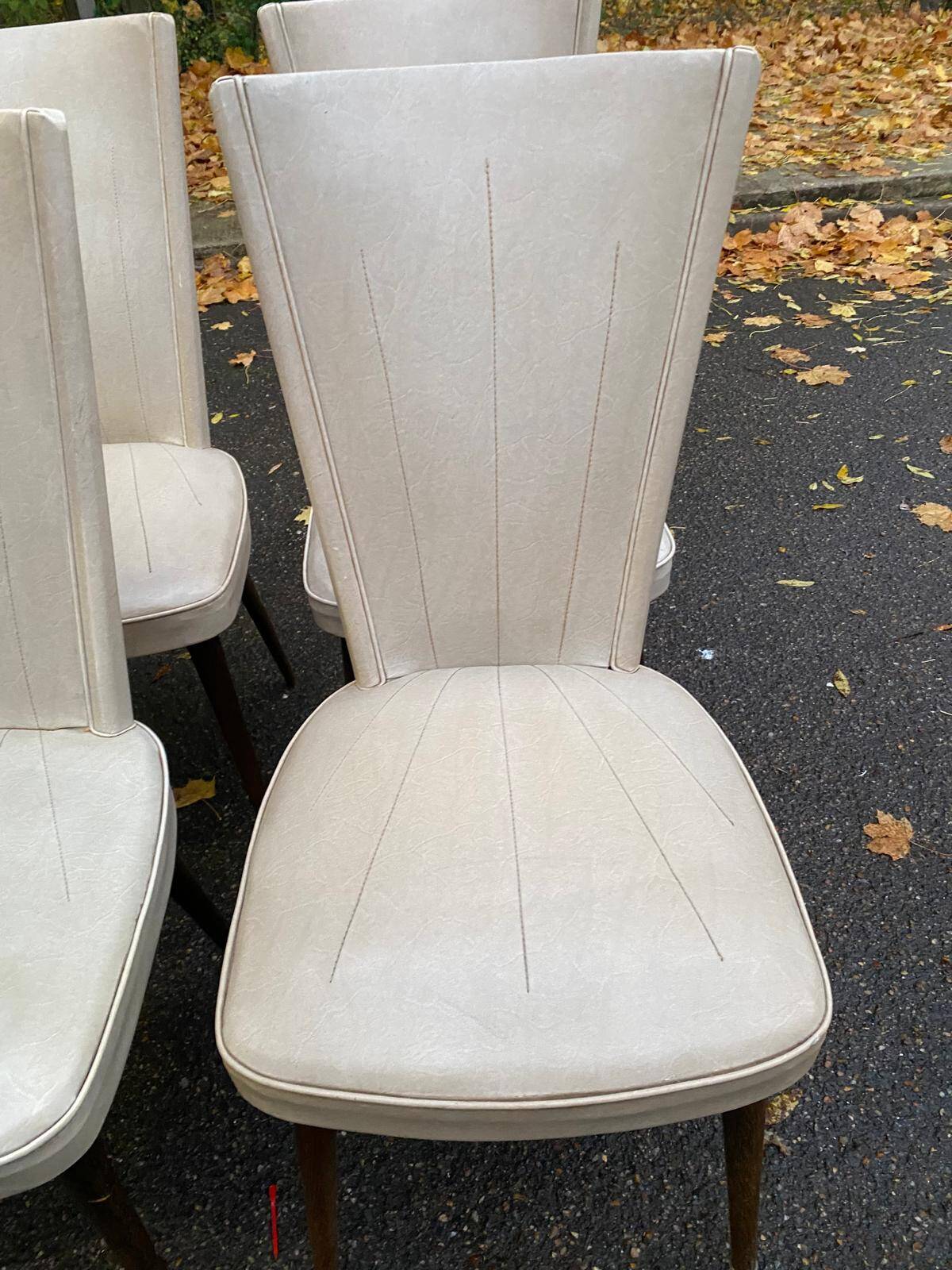 6 vintage Scandinavian chairs in solid wood and beige leather, circa 1960