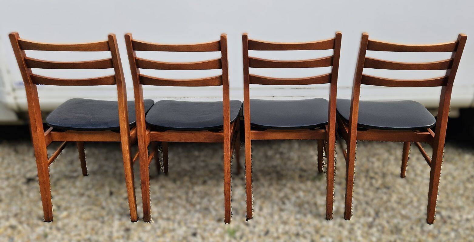 4 Scandinavian Design Chairs in Teak with Black Skai Upholstery 1960