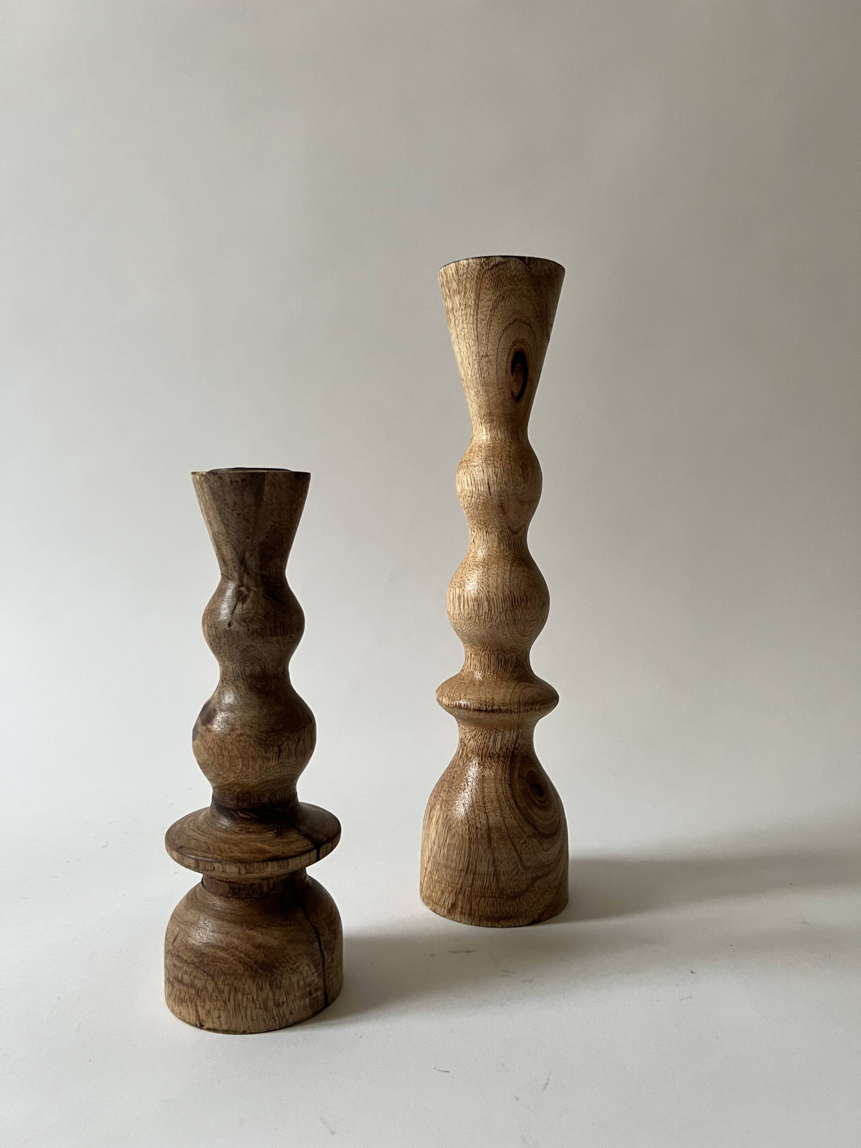 Set of 2 designer candle holders in turned wood
