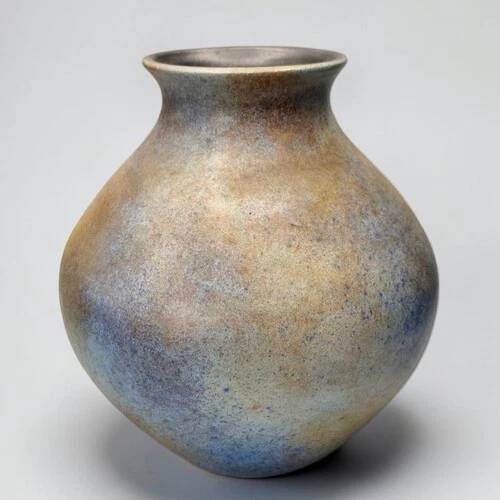 Studio ceramic vase from France circa 1960, blue-brown marbled, signed, 24 cm.