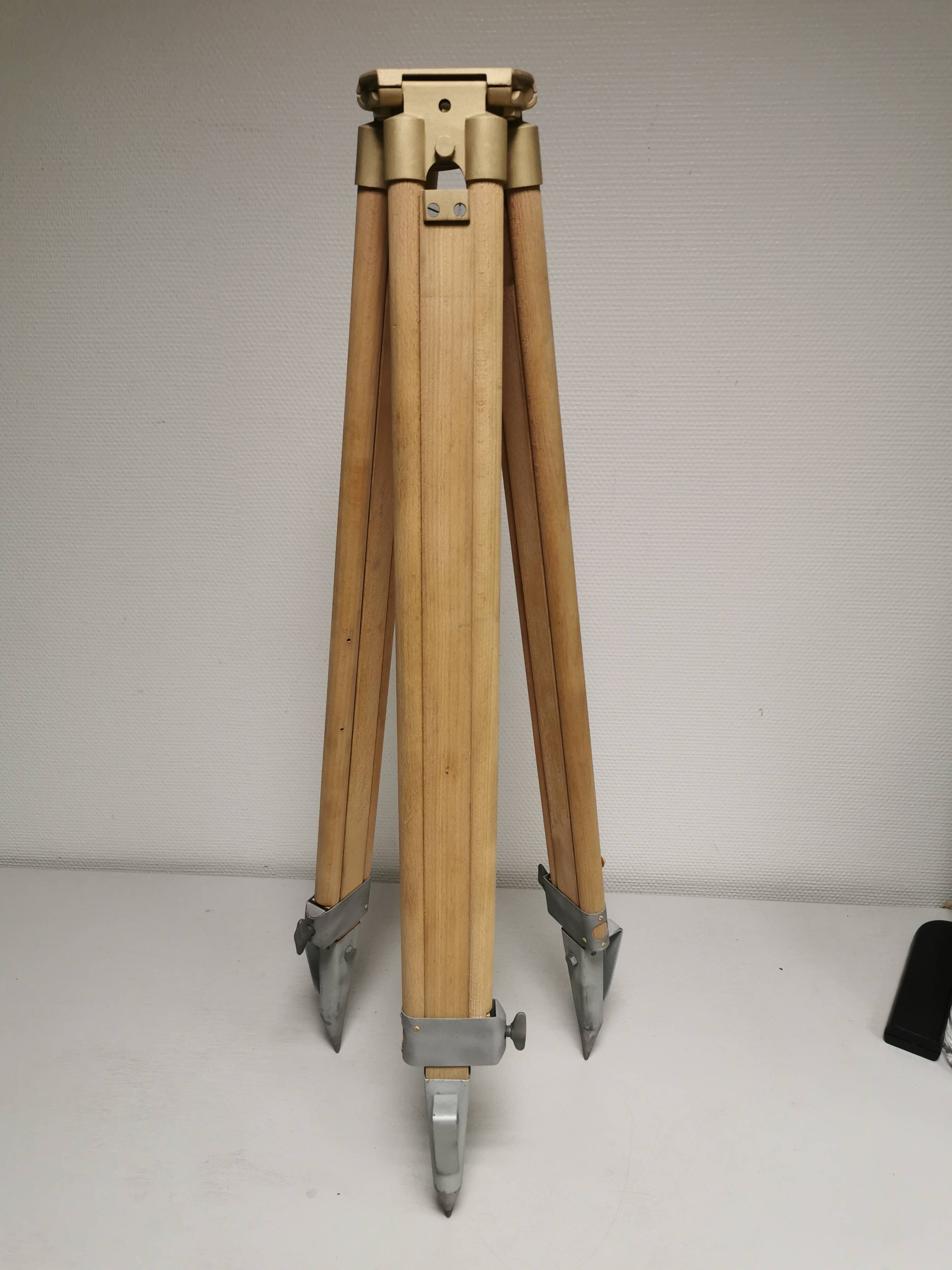 Raw / stripped wooden tripod, vintage industrial lamp base