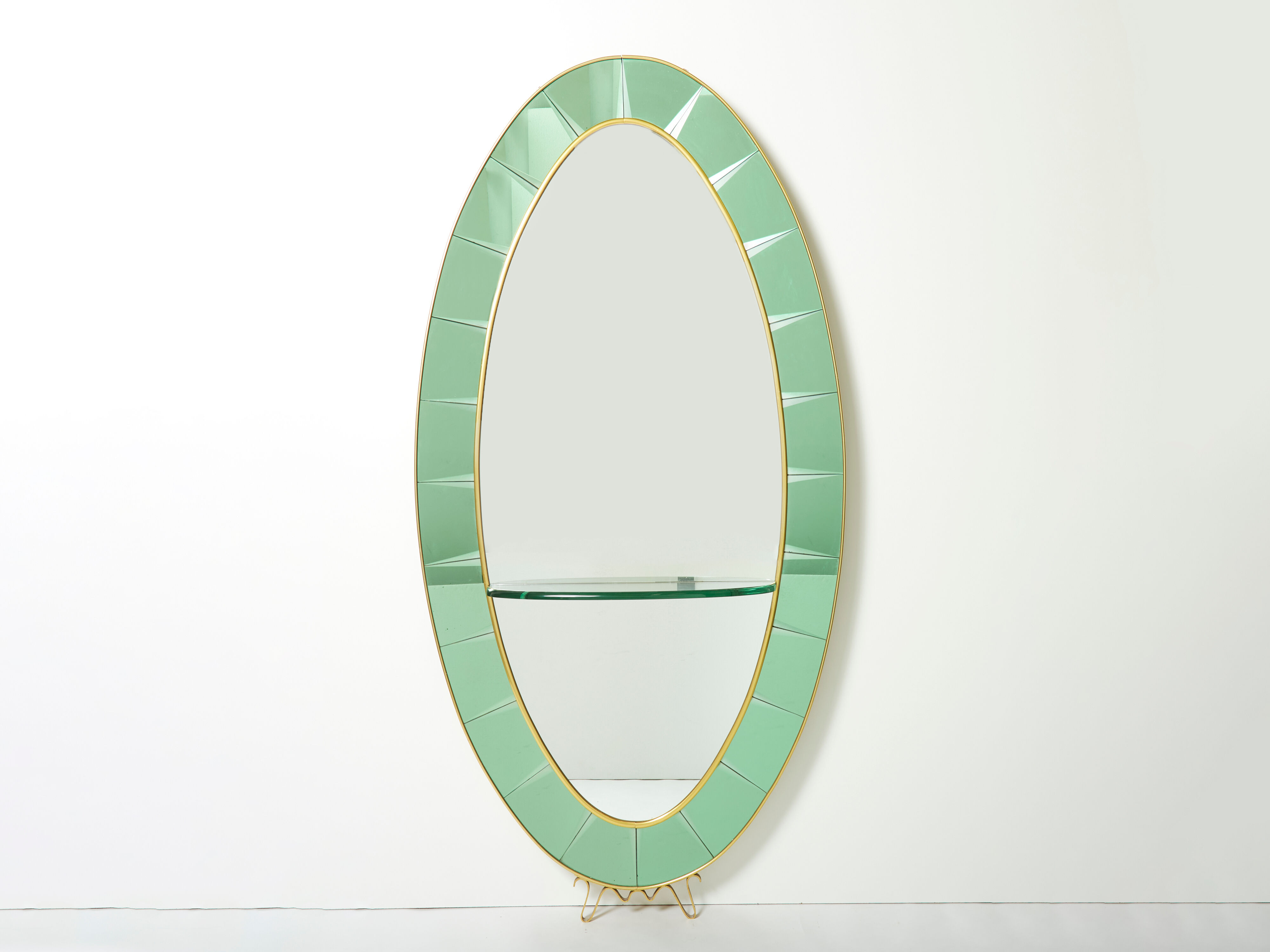 Large Italian mirror oval brass crystal green crystal of Cristal Arte 1950s 110x219cm