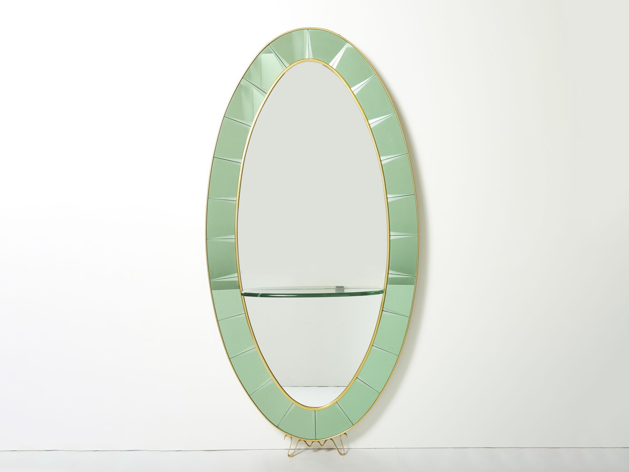 Large Italian mirror oval brass crystal green crystal of Cristal Arte 1950s 110x219cm
