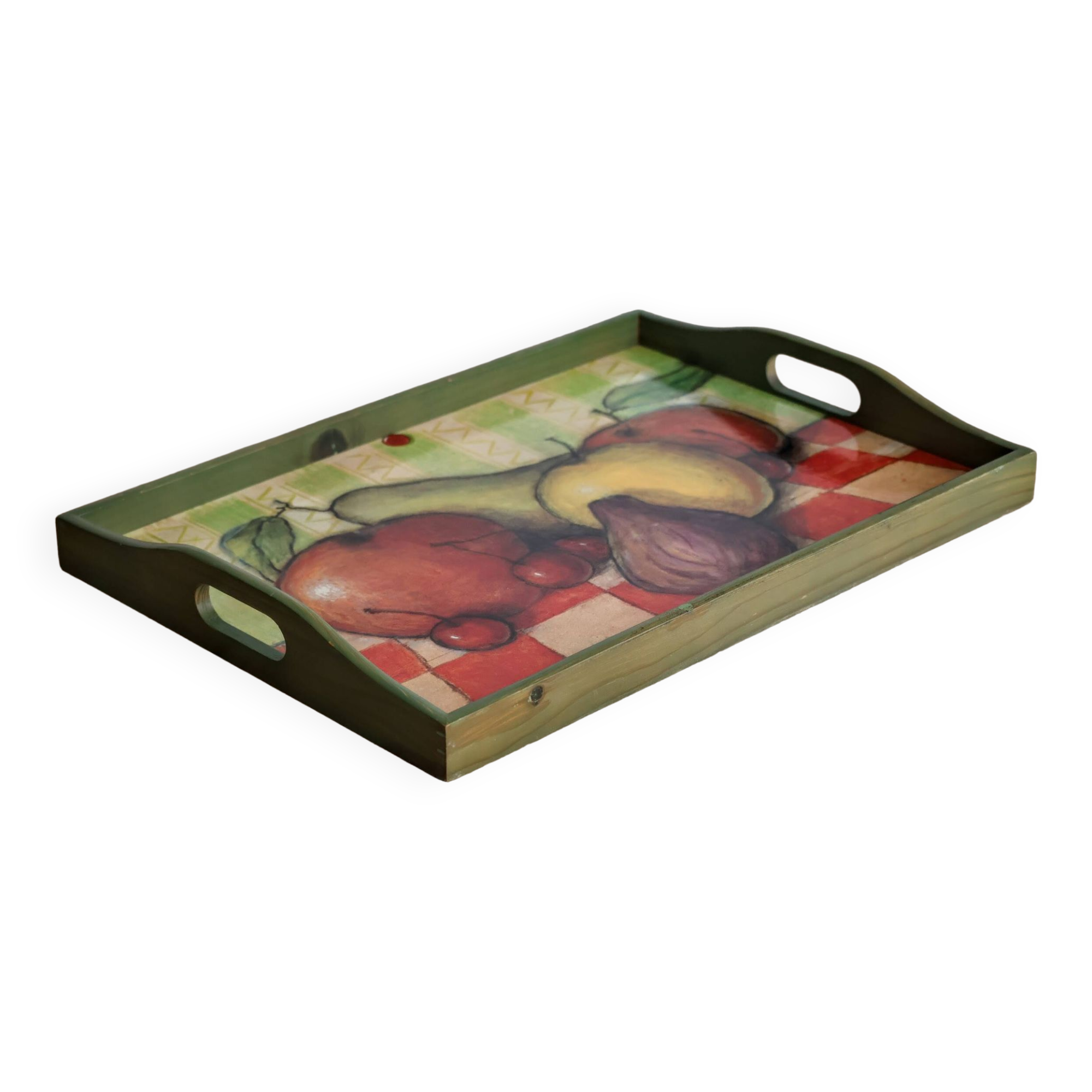 Wooden serving tray with fruit decor in green color