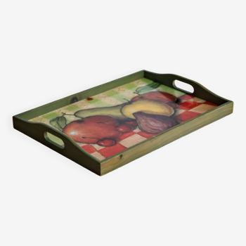 Wooden serving tray with fruit decor in green color