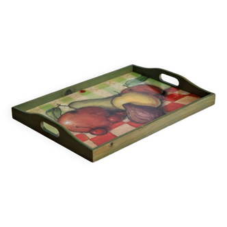 Wooden serving tray with fruit decor in green color