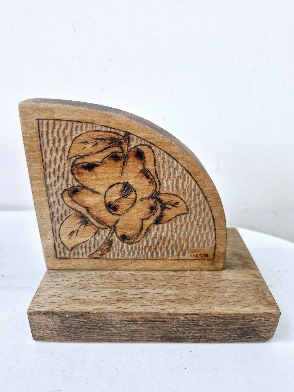 Old wooden bookends with pyrography flower decoration signed 1940s Art Deco