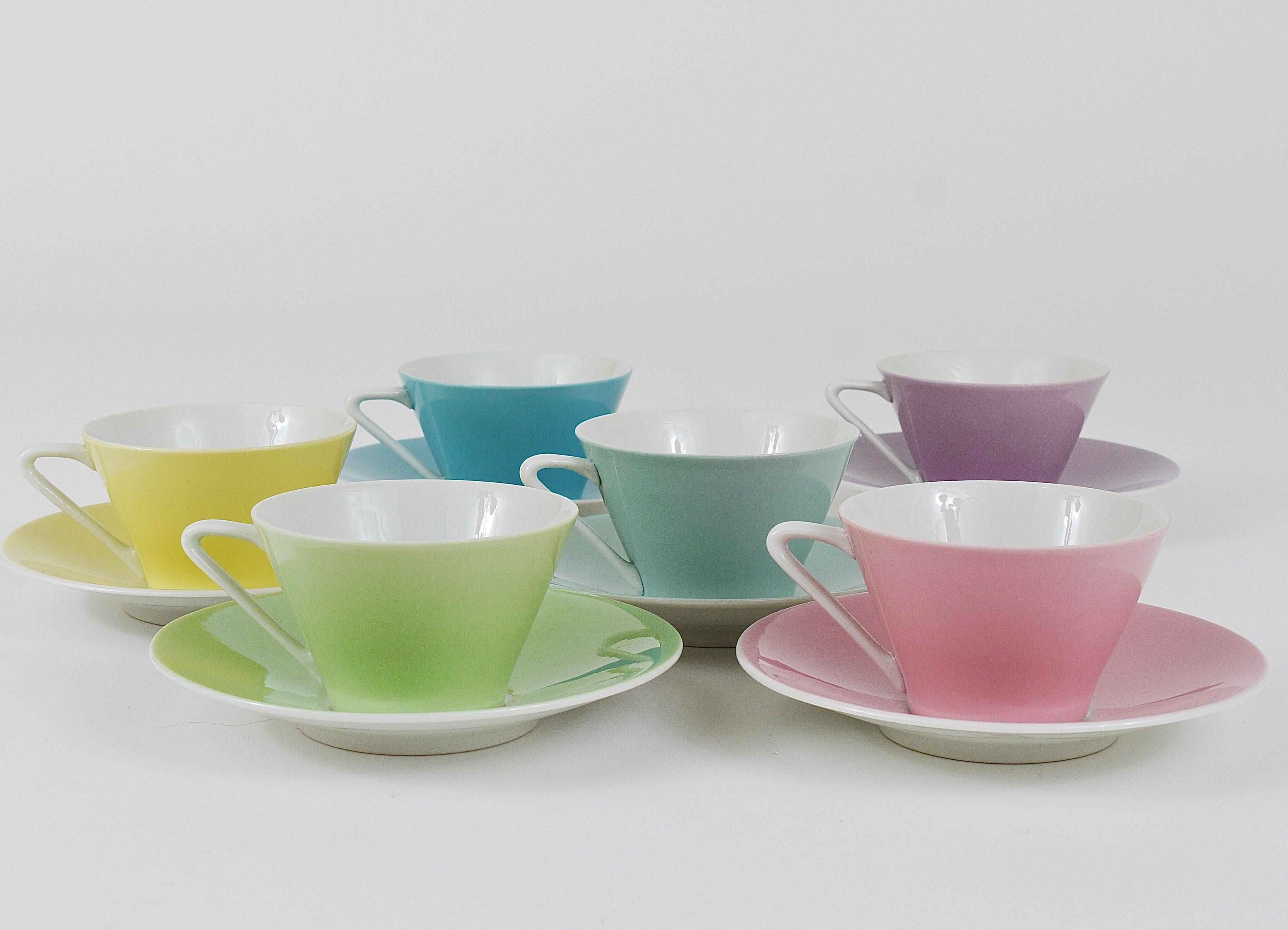 6 pastel mid-century porcelain espresso cups, Daisy, Lilies, Austria, 1950s