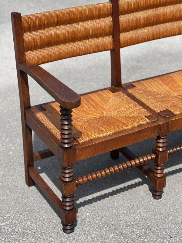 Ensemble banc et 2 chaises en chêne massif et paille travail français 1940