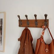 Vintage wall coat rack in patinated wood and metal – 4 double hooks