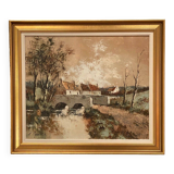 Oil on canvas cottages at the water's edge by Claude Mourier 1980