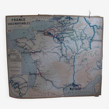 Ancienne carte scolaire de géographie France voies navigables aviation TSF par Gibert